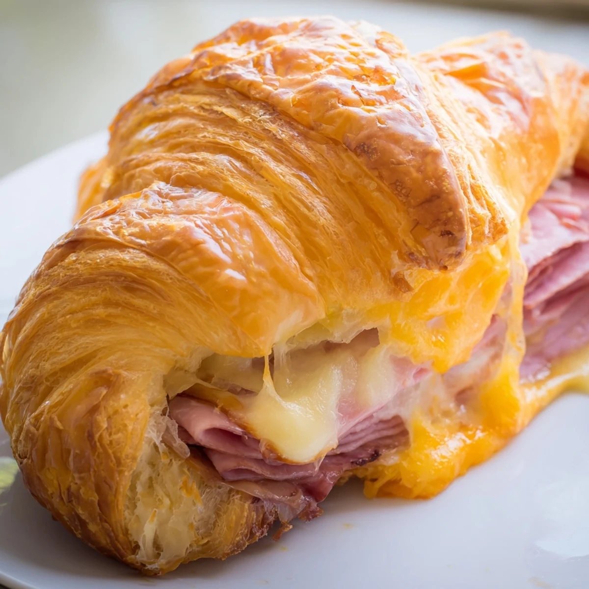 Golden, flaky Easy Air Fryer Beef Ham Cheese Croissants piled on a white plate, ready to serve for breakfast.
