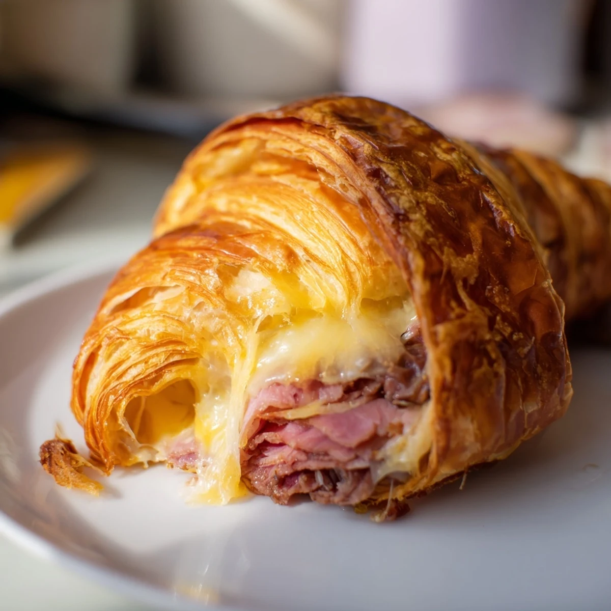 Freshly cooked Easy Air Fryer Beef Ham Cheese Croissants emit steam next to a small bowl of dipping sauce.
