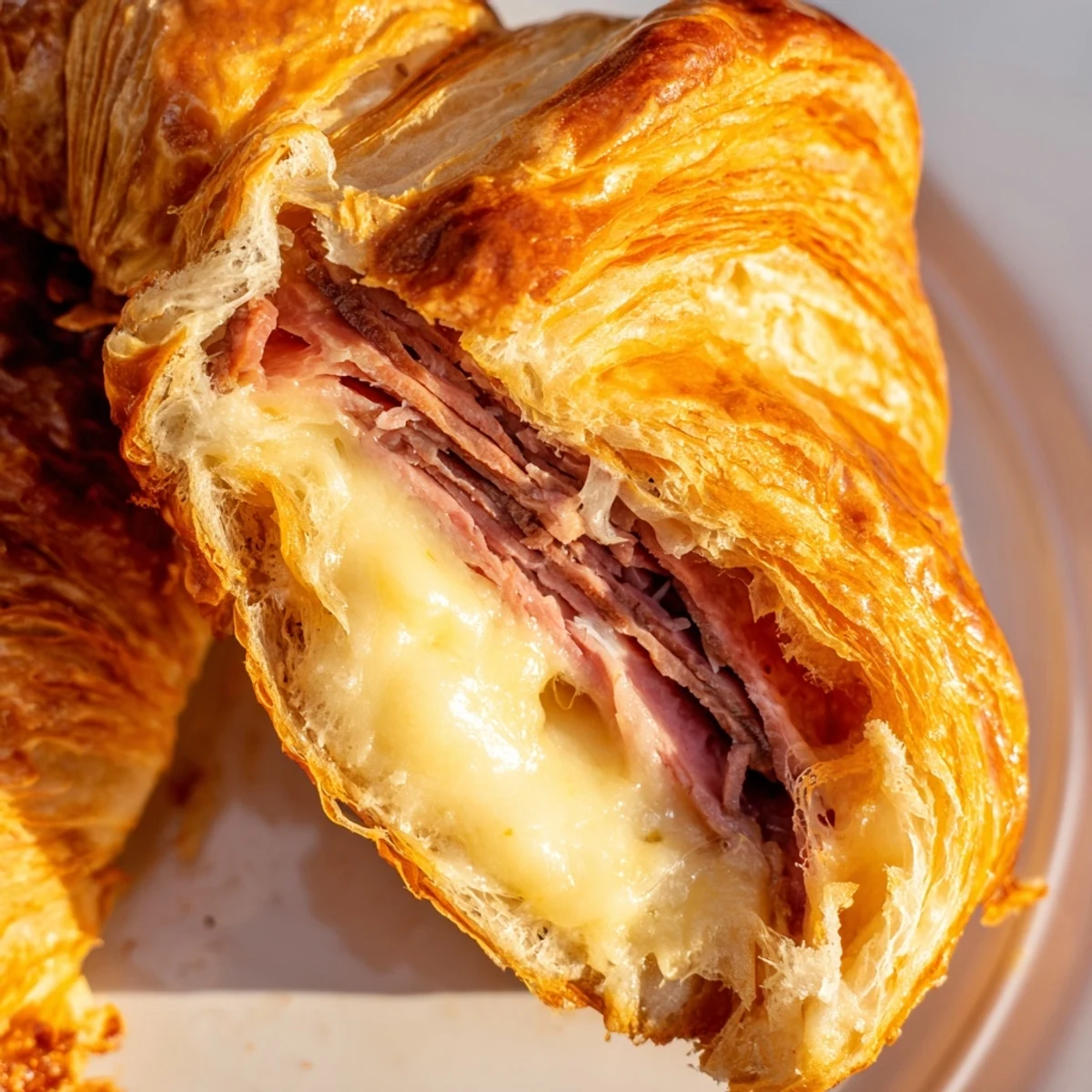 Savory Easy Air Fryer Beef Ham Cheese Croissants sliced open to reveal layers of roast beef, ham, and melted cheese.