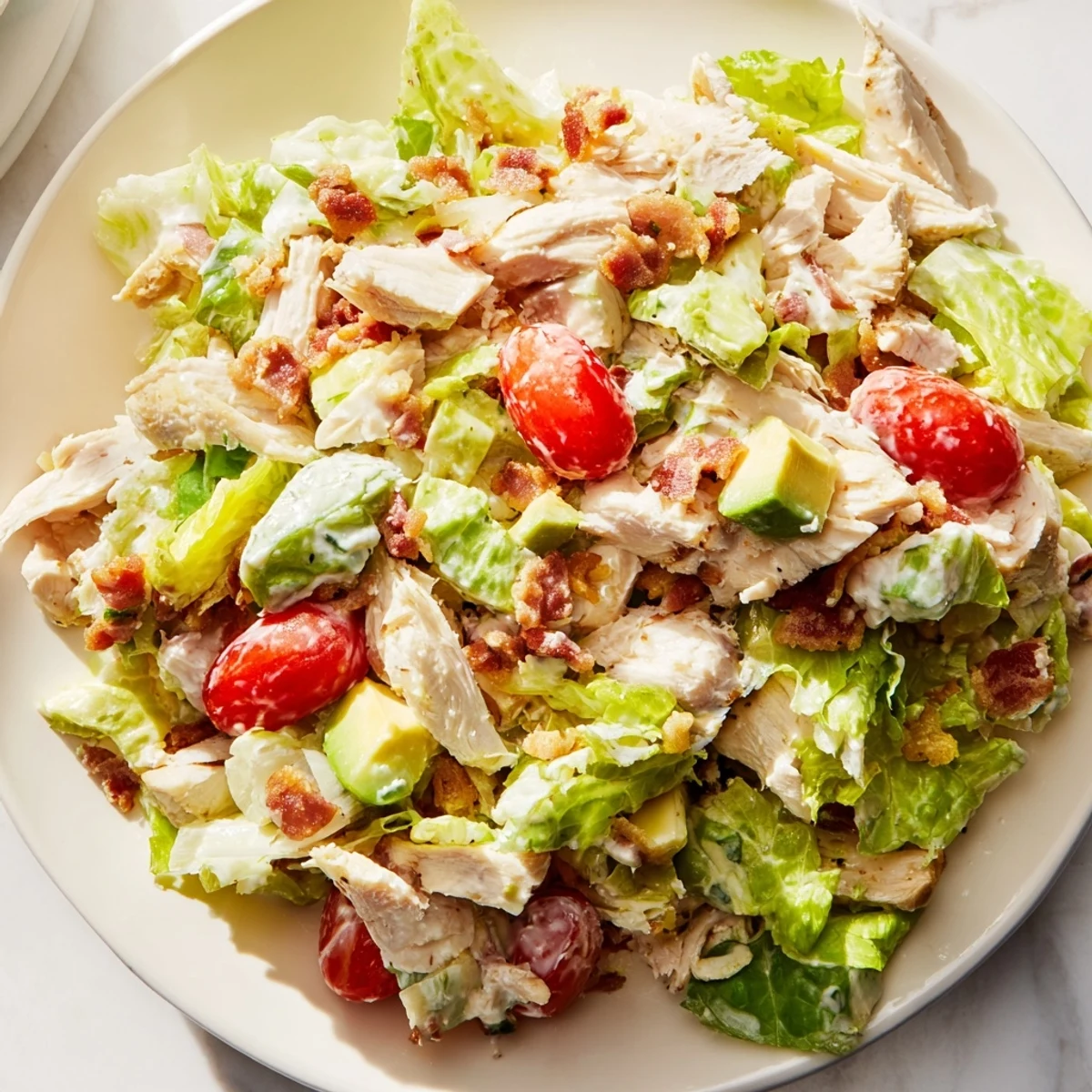 Crispy bacon and tender sliced chicken top romaine lettuce for this BLT Chicken Salad.