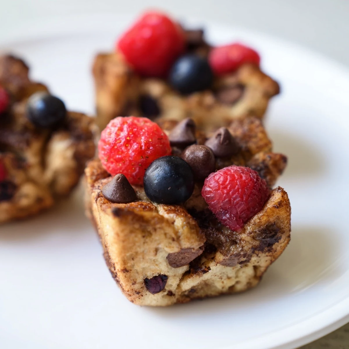 Golden-brown Protein French Toast Muffins cooling on a wire rack, topped with fresh berries and a drizzle of maple syrup for a sweet breakfast treat.