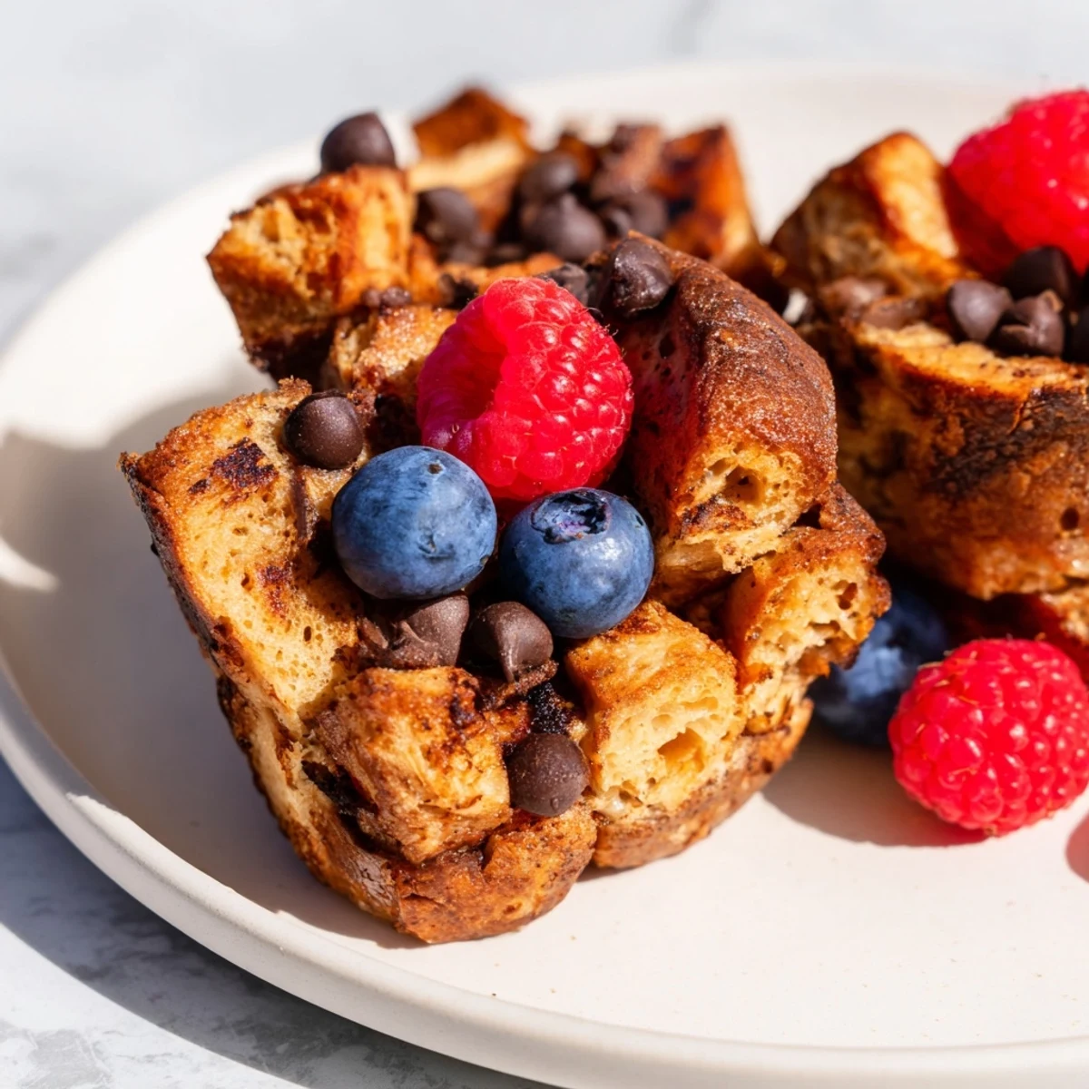 A close-up view of baked Protein French Toast Muffins, showcasing a fluffy interior and crispy edges, perfect for an easy on-the-go morning snack.