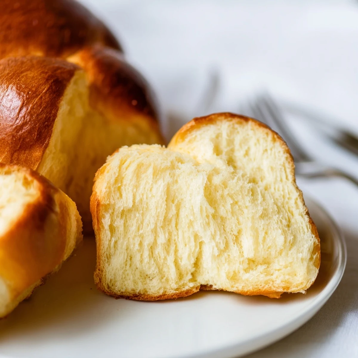 Freshly baked Milk Brioche with a shiny crust, ready to be served with jam or honey.