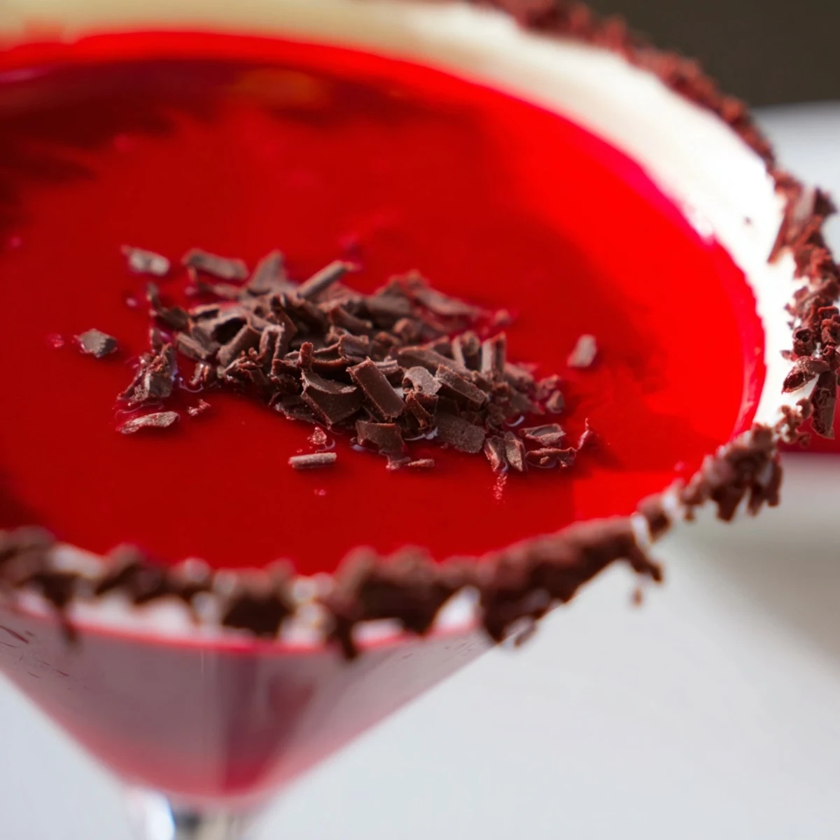 A crystal martini glass holds the vibrant Decadent Red Velvet Martini, its rich red hue glistening beside scattered chocolate curls and a slice of red velvet cake.  