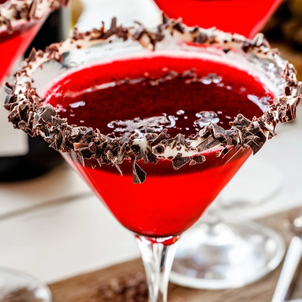 Two chilled Decadent Red Velvet Martinis sit in frosted glasses, rimmed with cream cheese frosting and chocolate shavings, with a red velvet cake crumb garnish.  