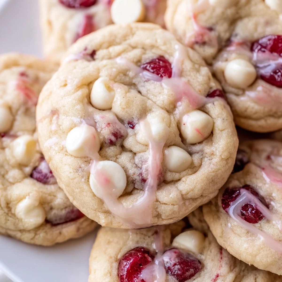 A close-up of Irresistible Maraschino Cherry Cookies with a pink glaze and visible cherry chunks.