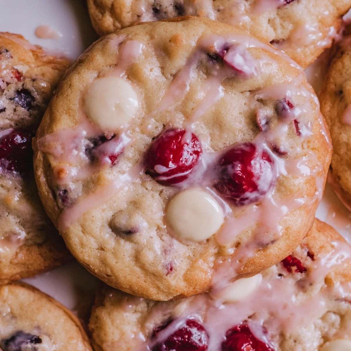 Five pink Irresistible Maraschino Cherry Cookies stacked on a white plate with almond glaze drips.