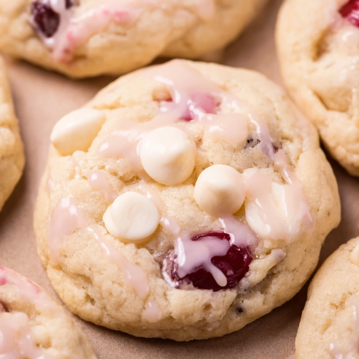 Overhead view of Irresistible Maraschino Cherry Cookies on a cooling rack with a bowl of cherries.