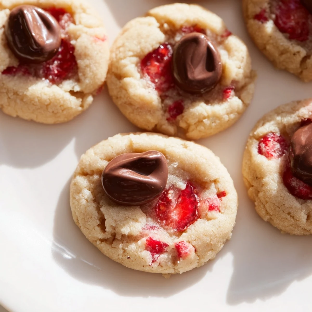 Freshly baked Strawberry Kiss Cookies with chocolate kisses on a cooling rack, showing soft texture.
