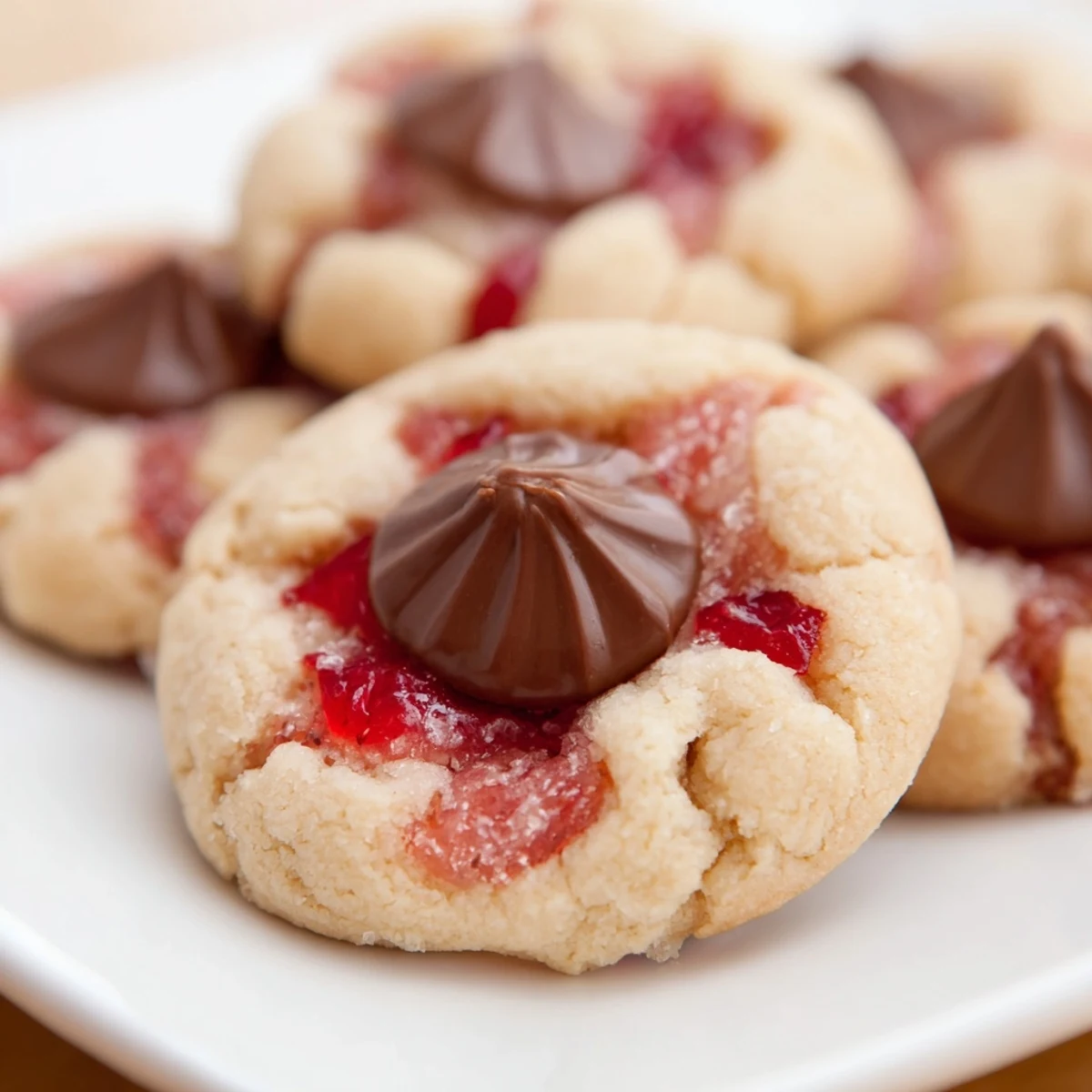 Close-up of Strawberry Kiss Cookies with jammy strawberry bits and melted milk chocolate centers.