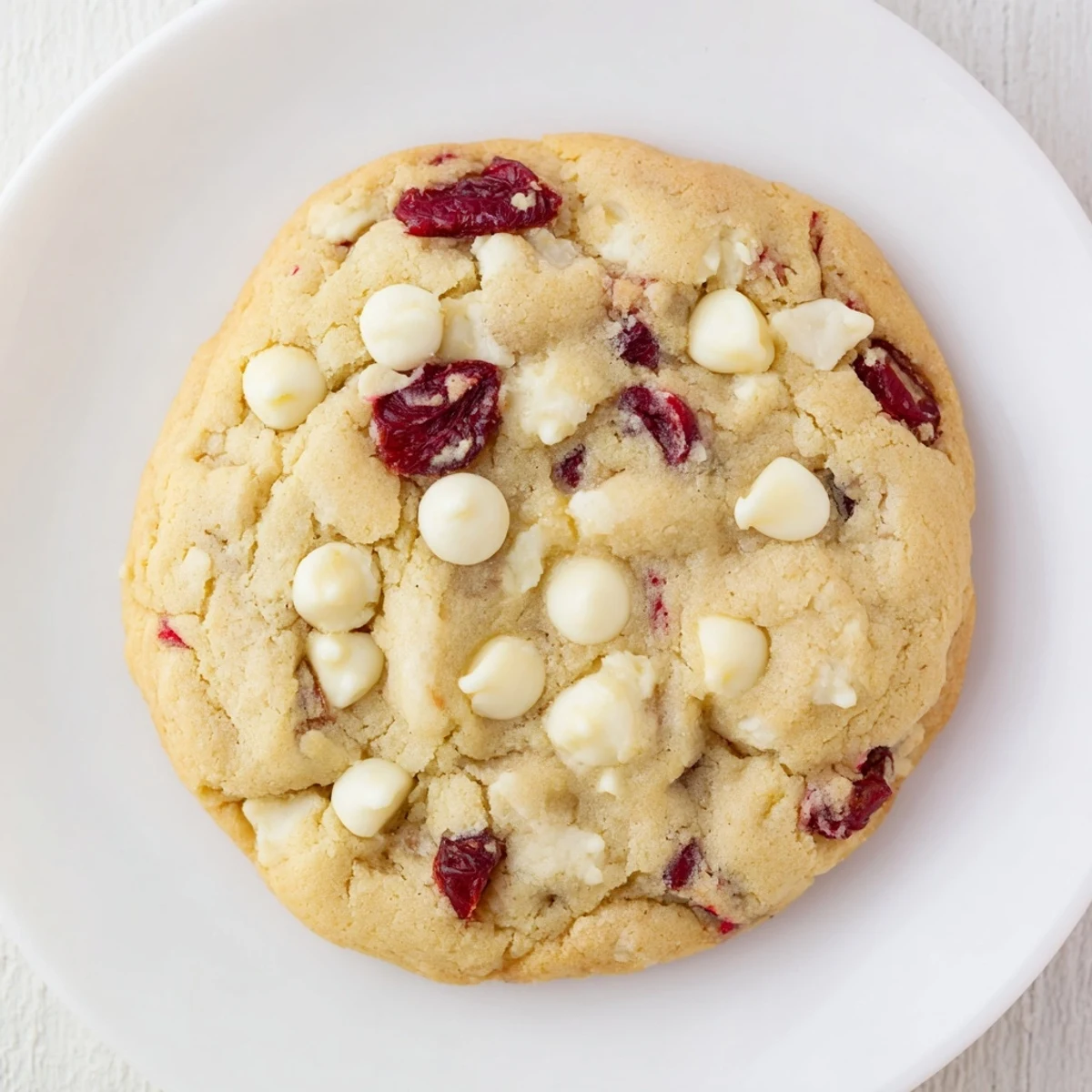 A close-up of baked White Chocolate Cranberry Cookies showing gooey white chocolate chips and tart cranberries on a cooling rack.