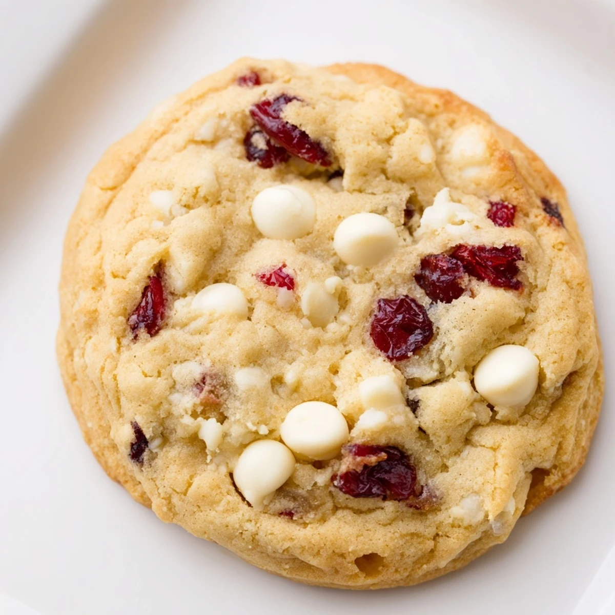 Overhead view of freshly baked White Chocolate Cranberry Cookies on a parchment-lined baking sheet with a festive vibe.