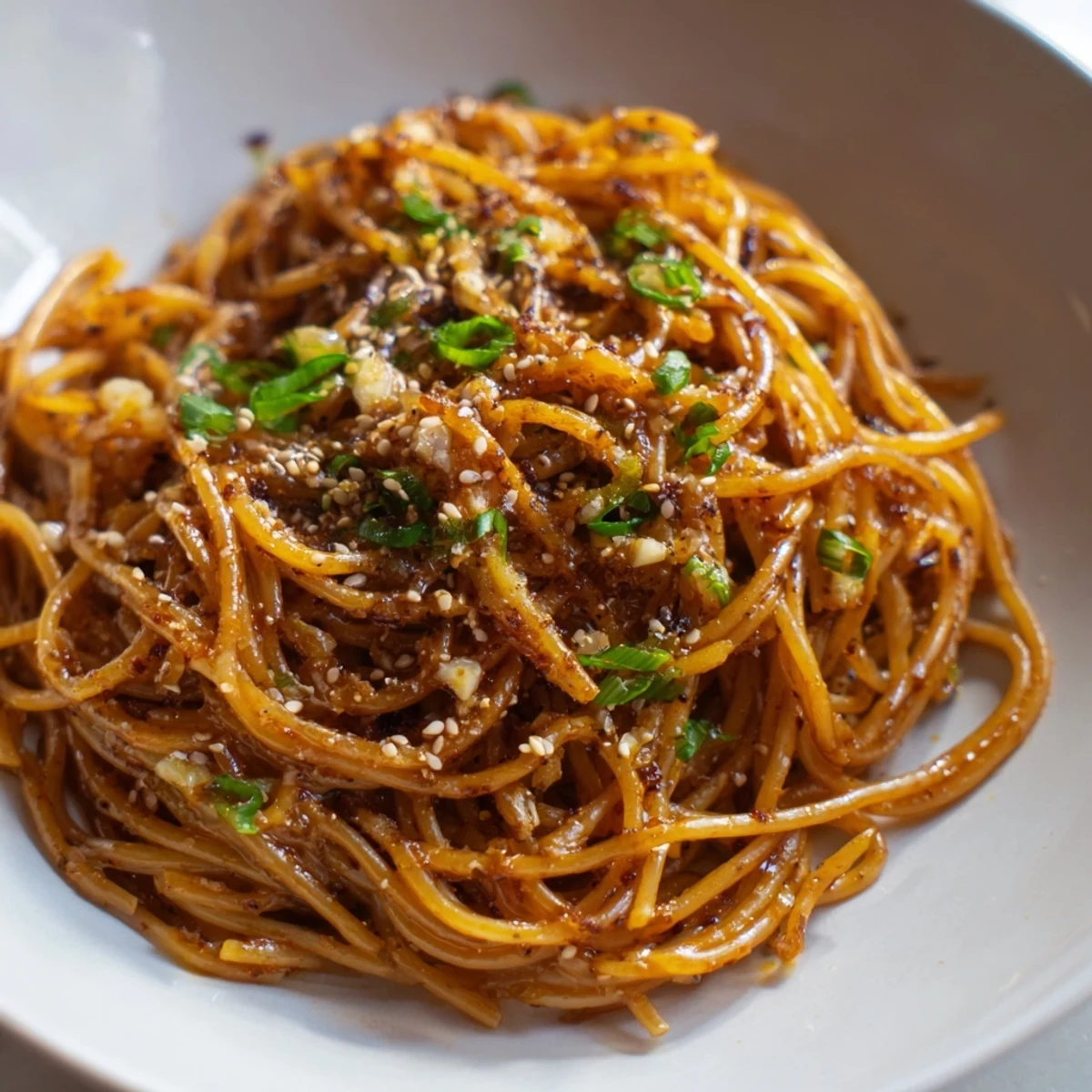 Steaming garlic noodles tossed in a savory buttery sauce served as a quick main course.