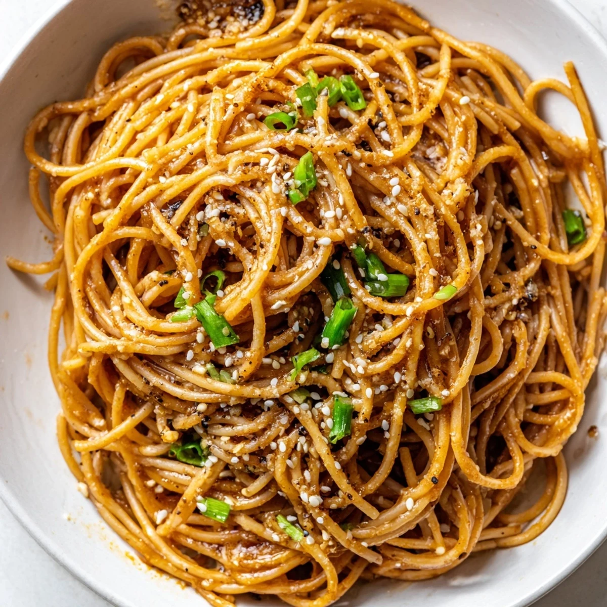 A close-up of fresh garlic noodles topped with scallions and grated Parmesan cheese.