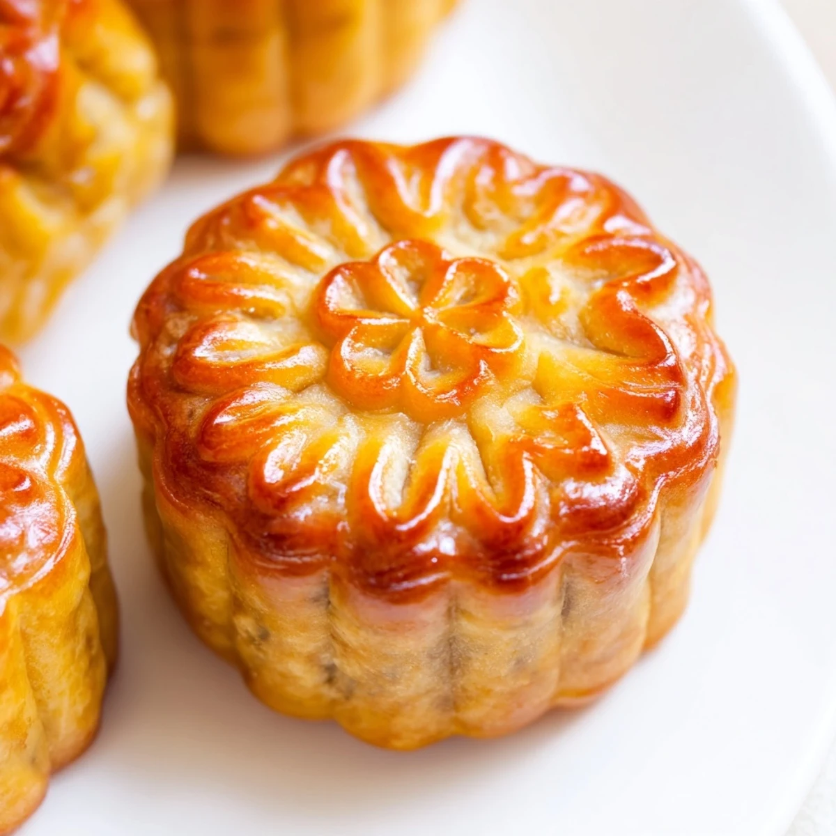 A golden-brown baked mooncake rests on a wooden board beside a cup of Chinese tea.