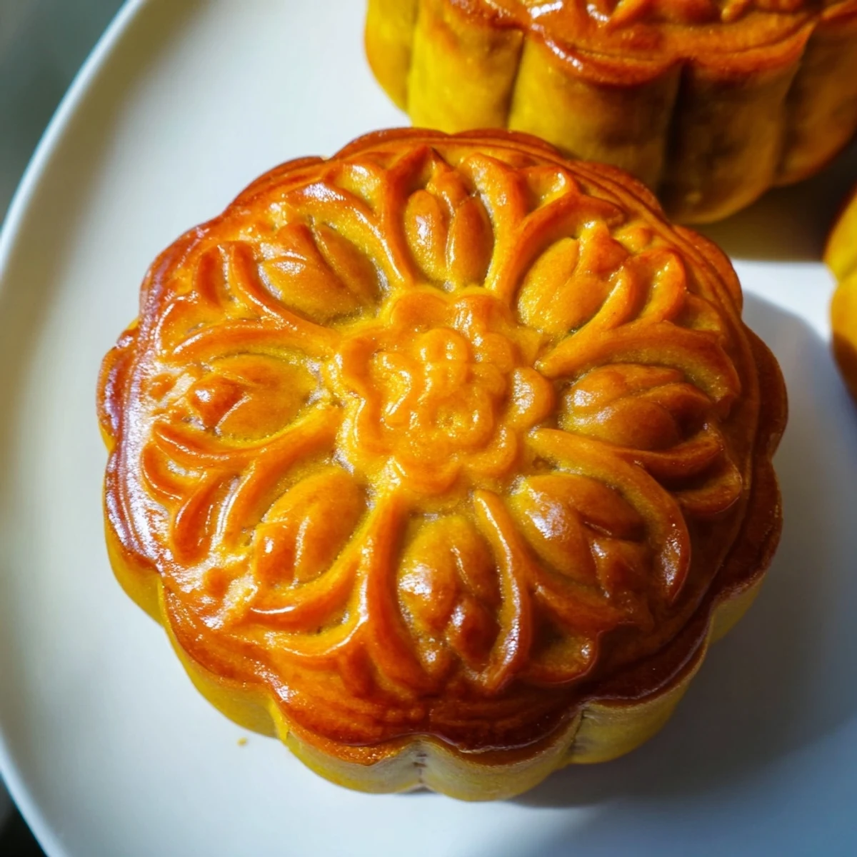 Freshly made mooncake dusted with flour sits on a tray next to a mooncake mold.