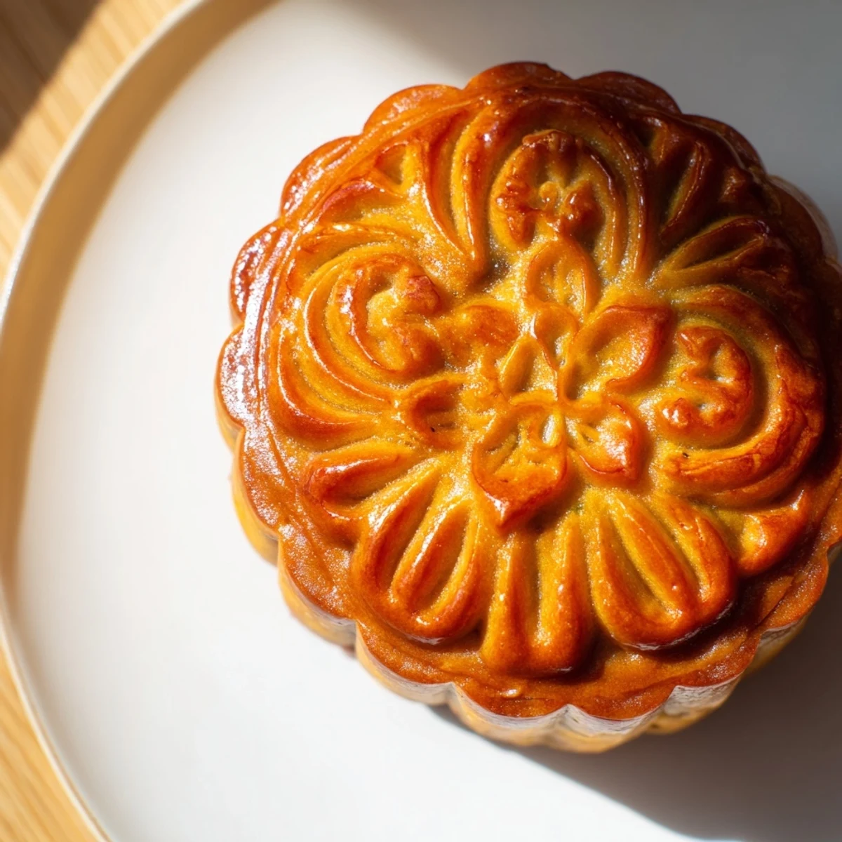 A sliced mooncake reveals a lotus seed paste filling and a golden yolk center on a plate.