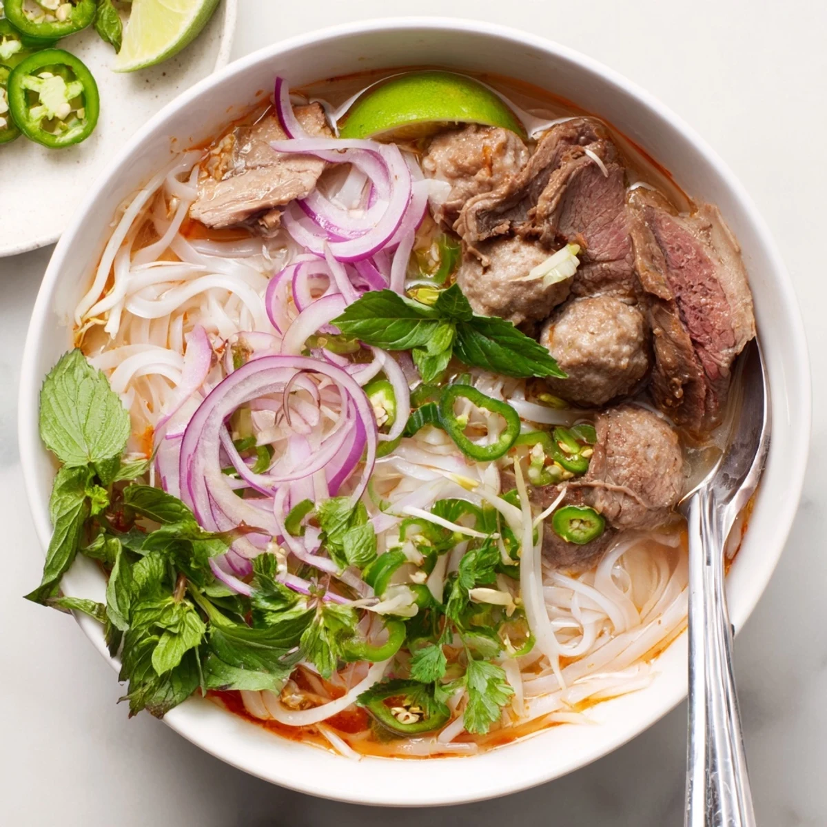 Rich, aromatic Bun Bo Hue broth steams over thick rice noodles, topped with tender beef slices and fresh herbs.