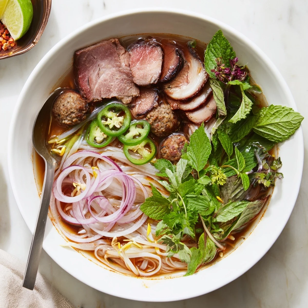 Hearty bowl of Bun Bo Hue with tender pork hock, brisket, and fresh herbs beside a spoon.