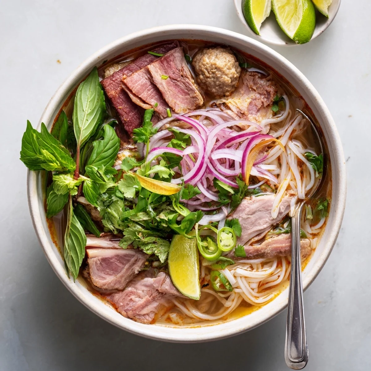 Spicy Bun Bo Hue soup features vibrant red chili oil, bean sprouts, and lime wedges on the side.