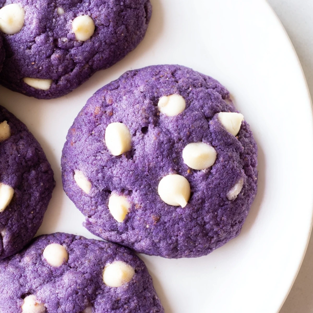 Freshly baked White Chocolate Ube Cookies with vibrant purple centers and melted white chocolate chips cooling on a wire rack.