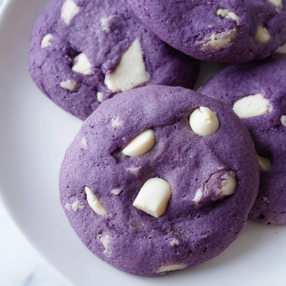 Golden-brown White Chocolate Ube Cookies on a baking sheet, featuring a soft center and contrasting purple hue from the ube halaya.