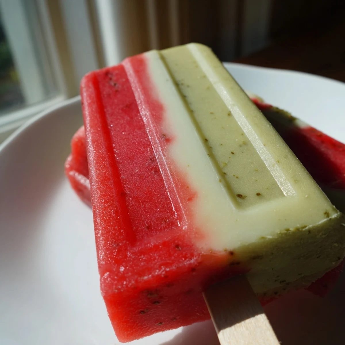 Homemade Strawberry Matcha Latte Popsicles in molds, featuring a creamy green tea and berry swirl design.