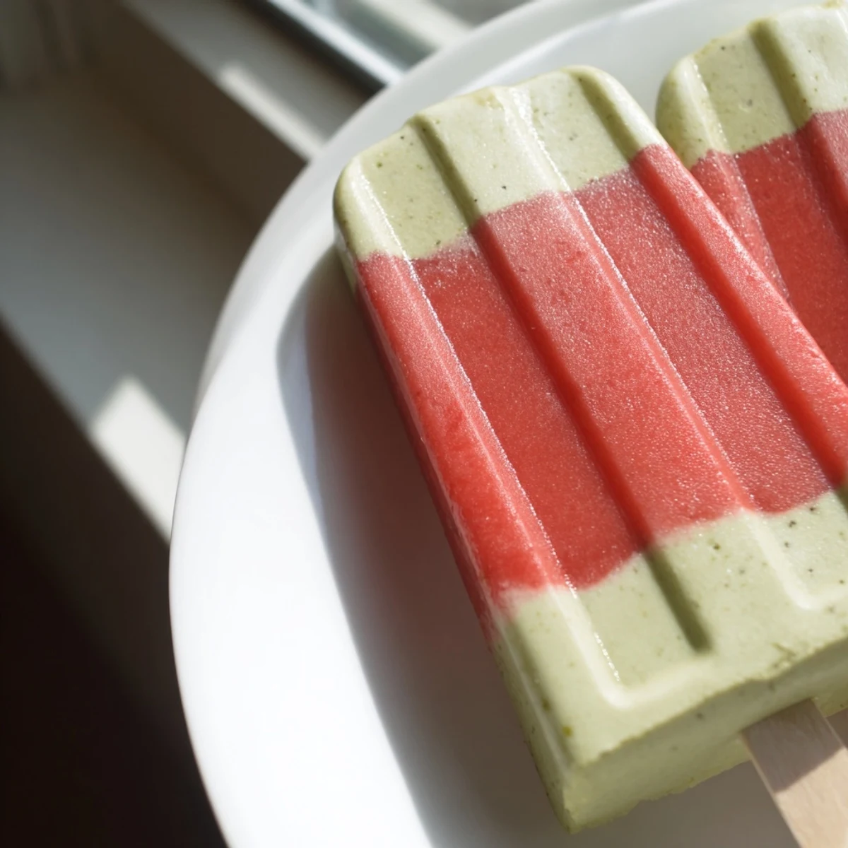 Frozen Strawberry Matcha Latte Popsicles displayed with fresh berries and mint for a cool seasonal treat.