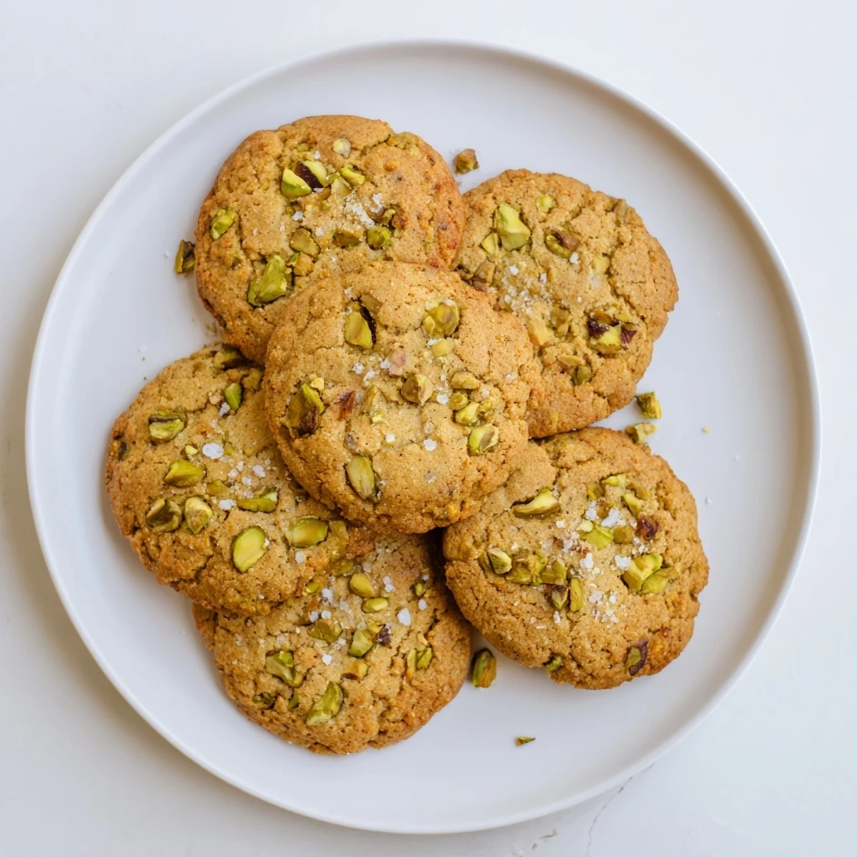 Golden-brown Salted Honey Pistachio Cookies cooling on a wire rack, showcasing cracked edges and generous sea salt flakes.
