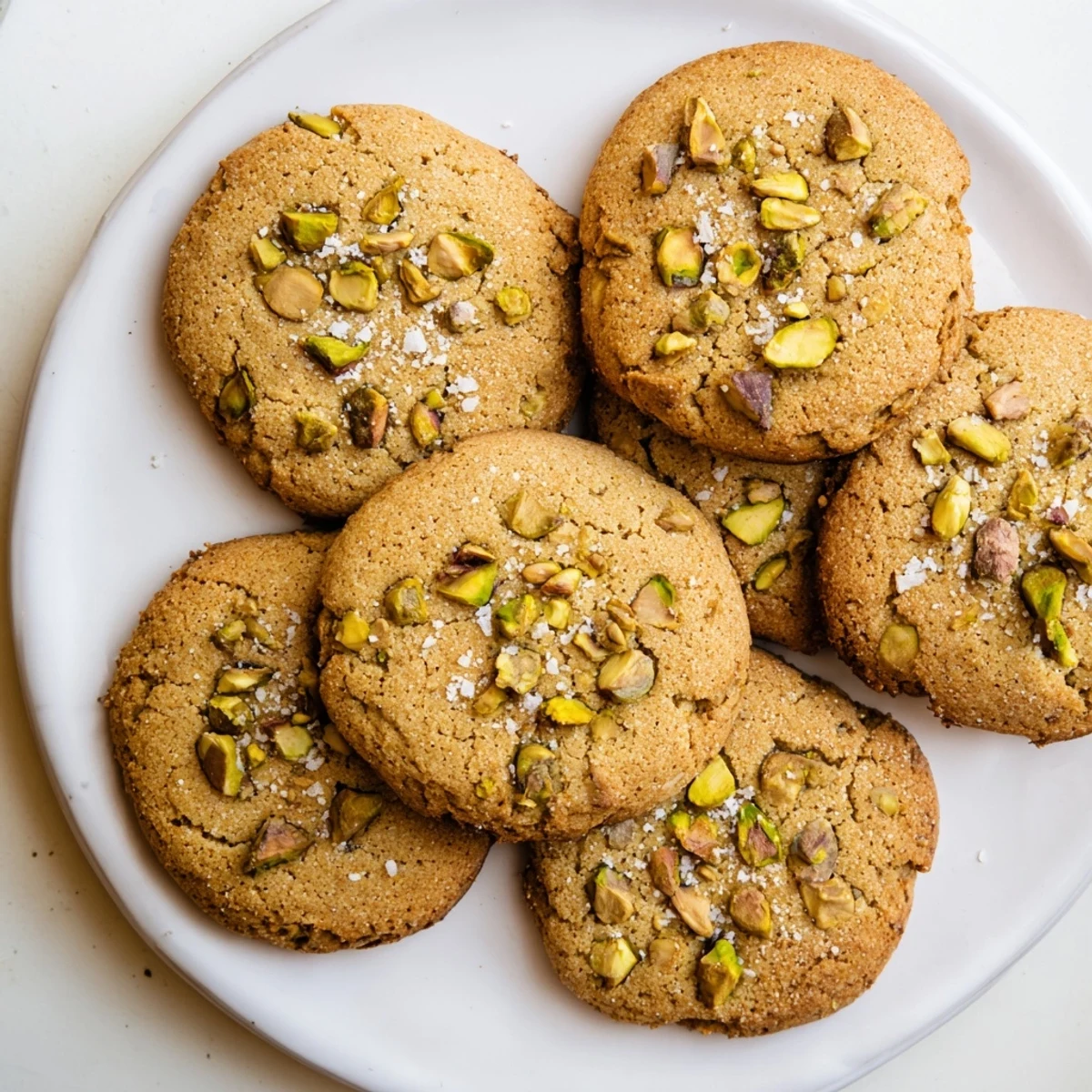 A close-up view of a Salted Honey Pistachio Cookies bite revealing a soft, chewy interior studded with bright green pistachios.