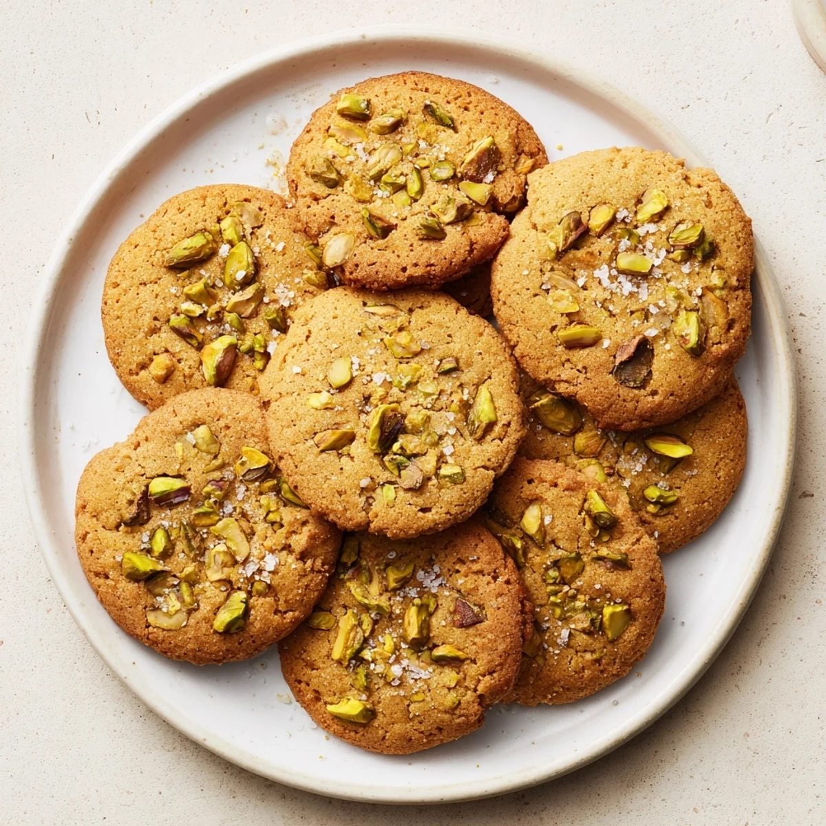 Freshly baked Salted Honey Pistachio Cookies arranged on a white plate, ready to be enjoyed with a warm cup of coffee.