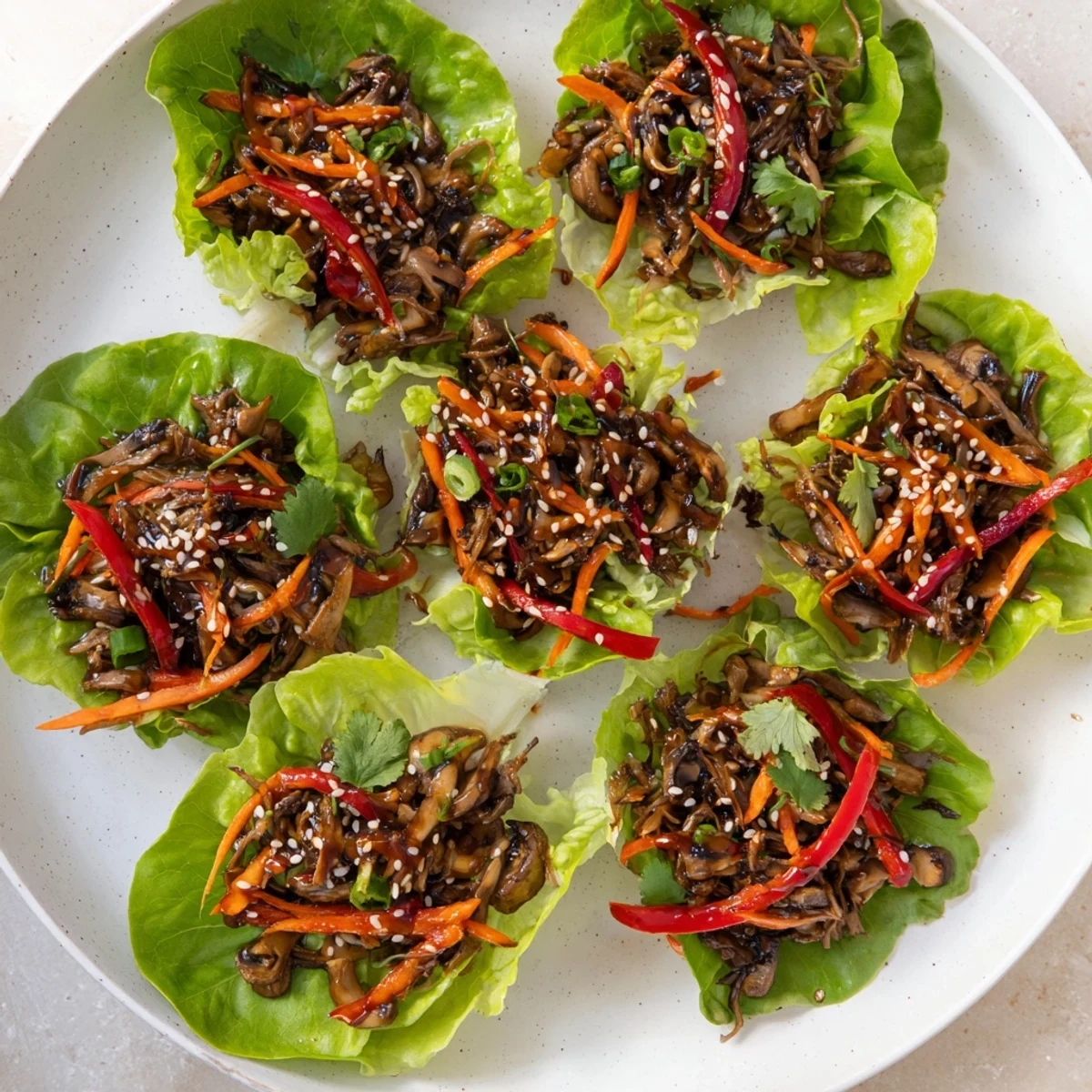Savory shiitake mushroom lettuce wraps on a plate with cilantro garnish for a gluten-free appetizer.