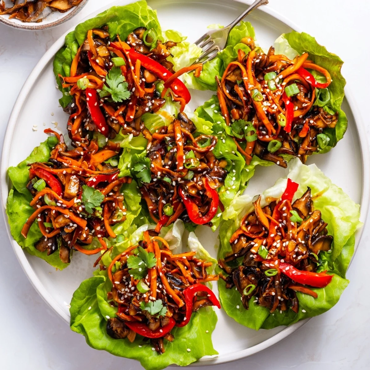 Freshly sautéed shiitake mushrooms and crisp vegetables in butter lettuce wraps topped with sesame seeds.