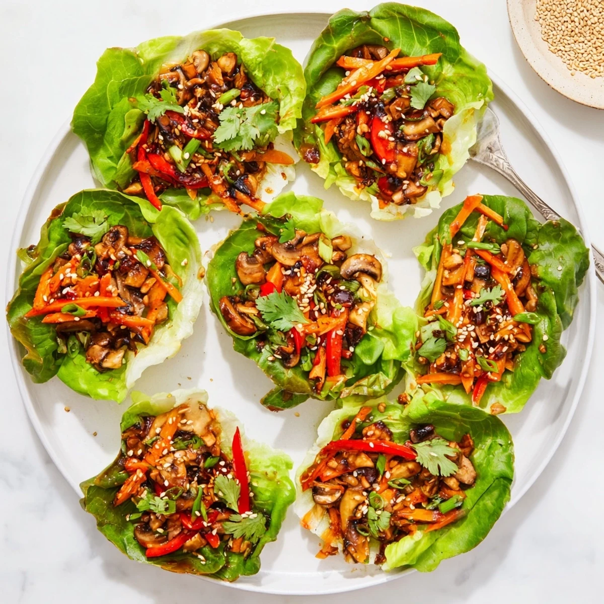Hand holding a warm shiitake mushroom lettuce wrap filled with tender vegetables and Asian-inspired sauce.