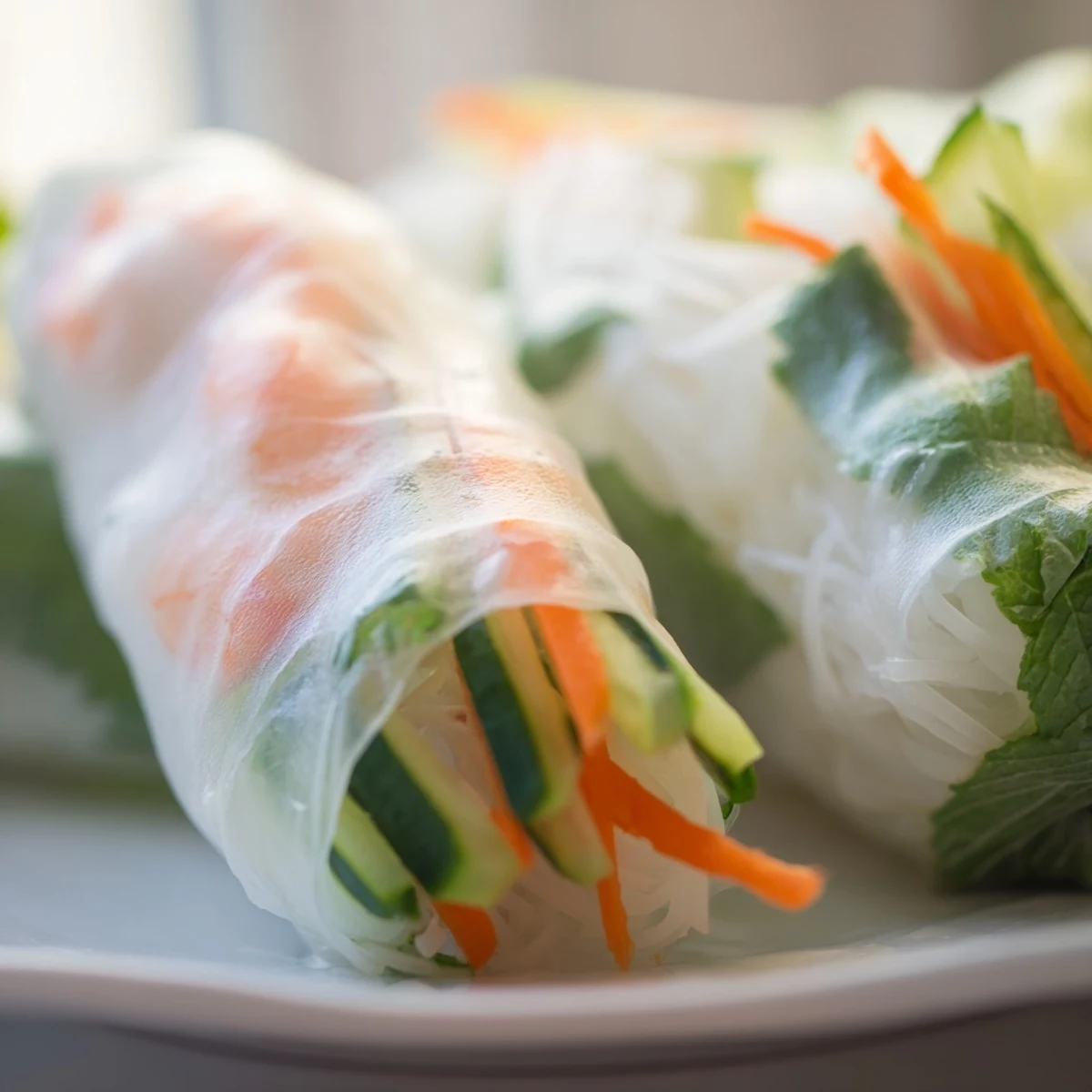 Two Vietnamese Spring Rolls on a plate with a small bowl of rich peanut dipping sauce.