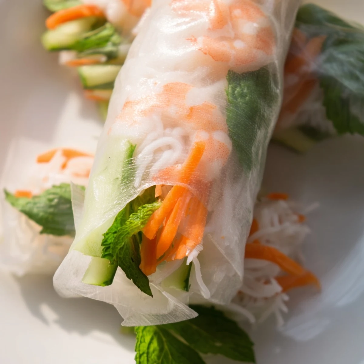Rolled rice paper Vietnamese Spring Rolls stuffed with crisp vegetables, fresh herbs, and tender shrimp.