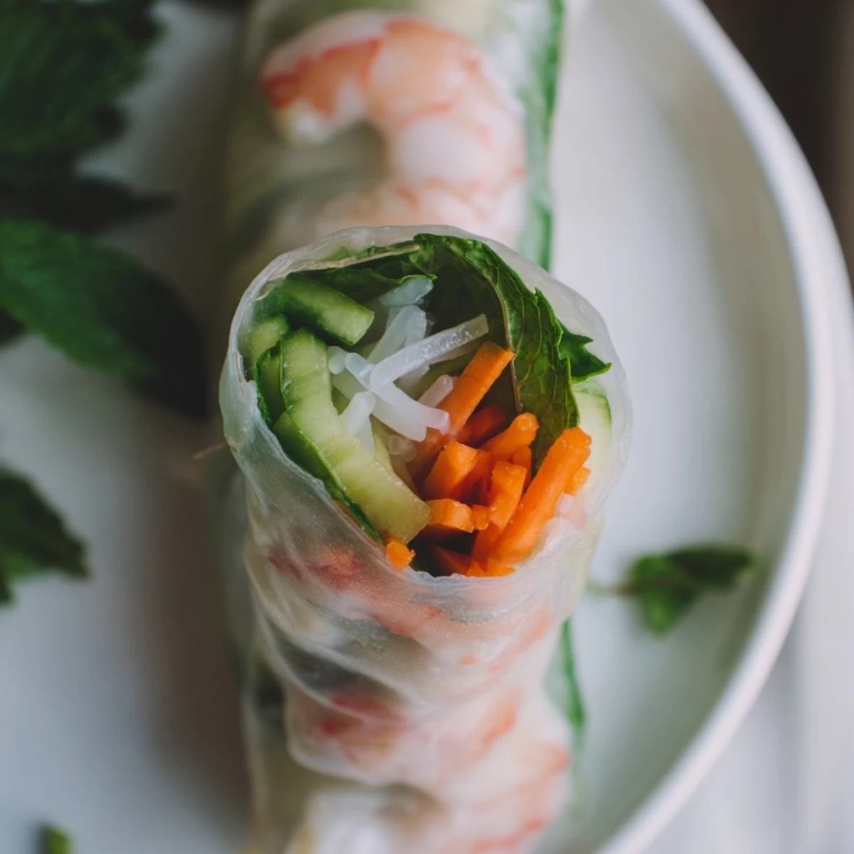 Colorful fresh Vietnamese Spring Rolls featuring julienned carrots, cucumbers, and herbs for a healthy appetizer.