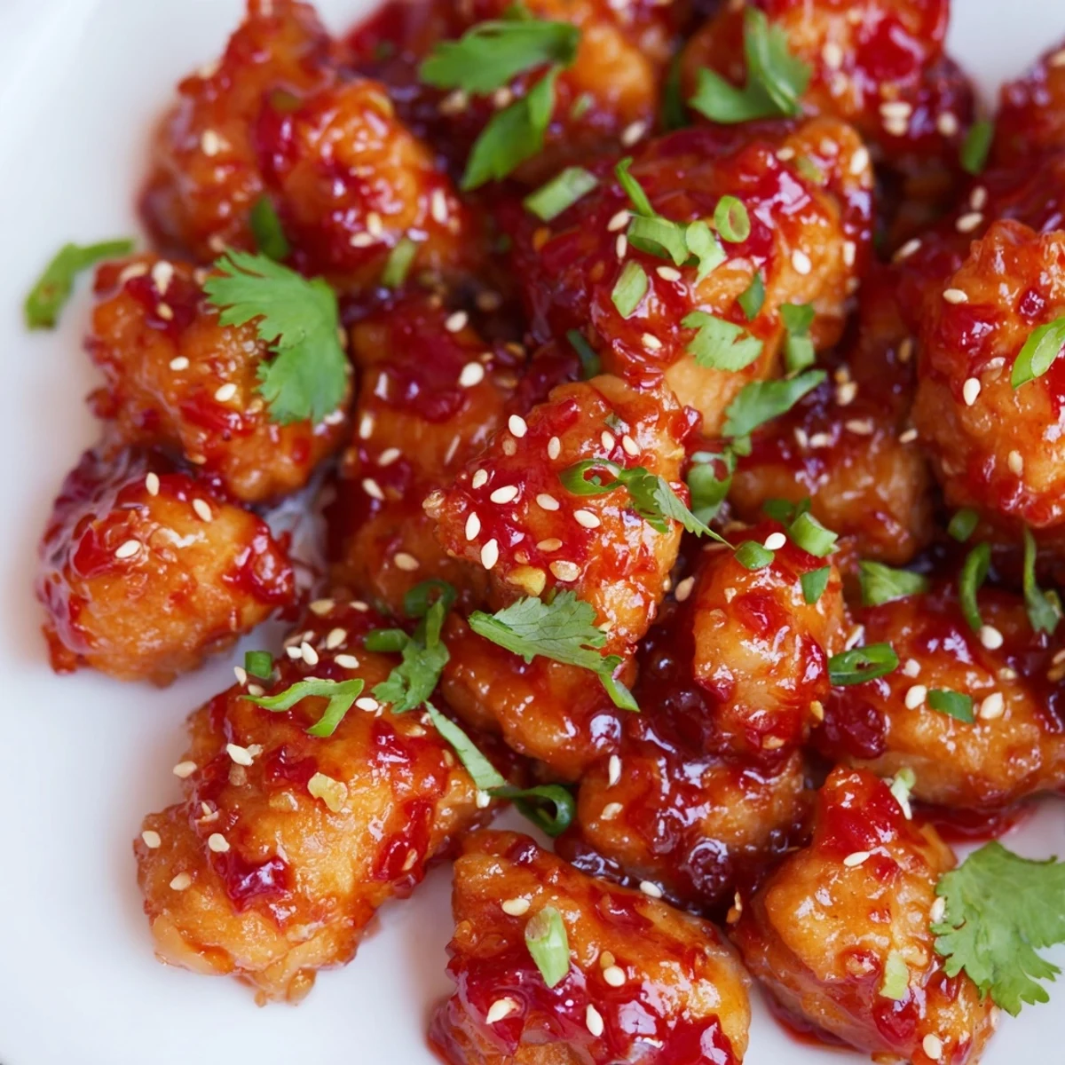 Garnished Sweet and Spicy Thai Chicken with cilantro, green onions, and lime wedges served over fluffy jasmine rice.