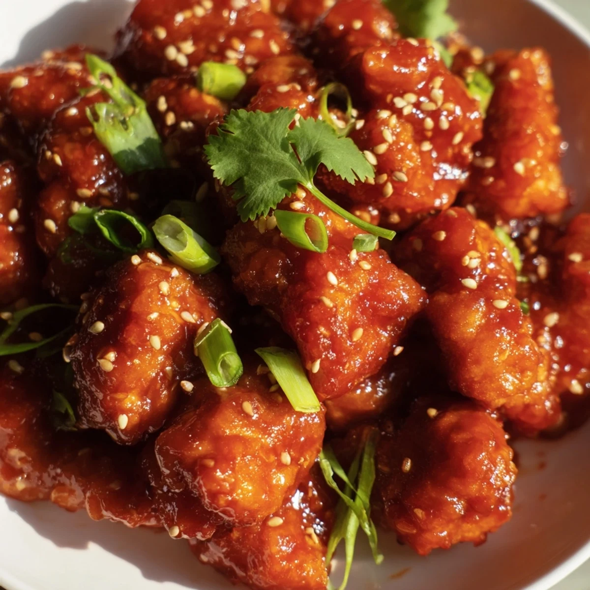 Sweet and Spicy Thai Chicken plated with noodles and sesame seeds, offering a vibrant and aromatic dinner presentation.