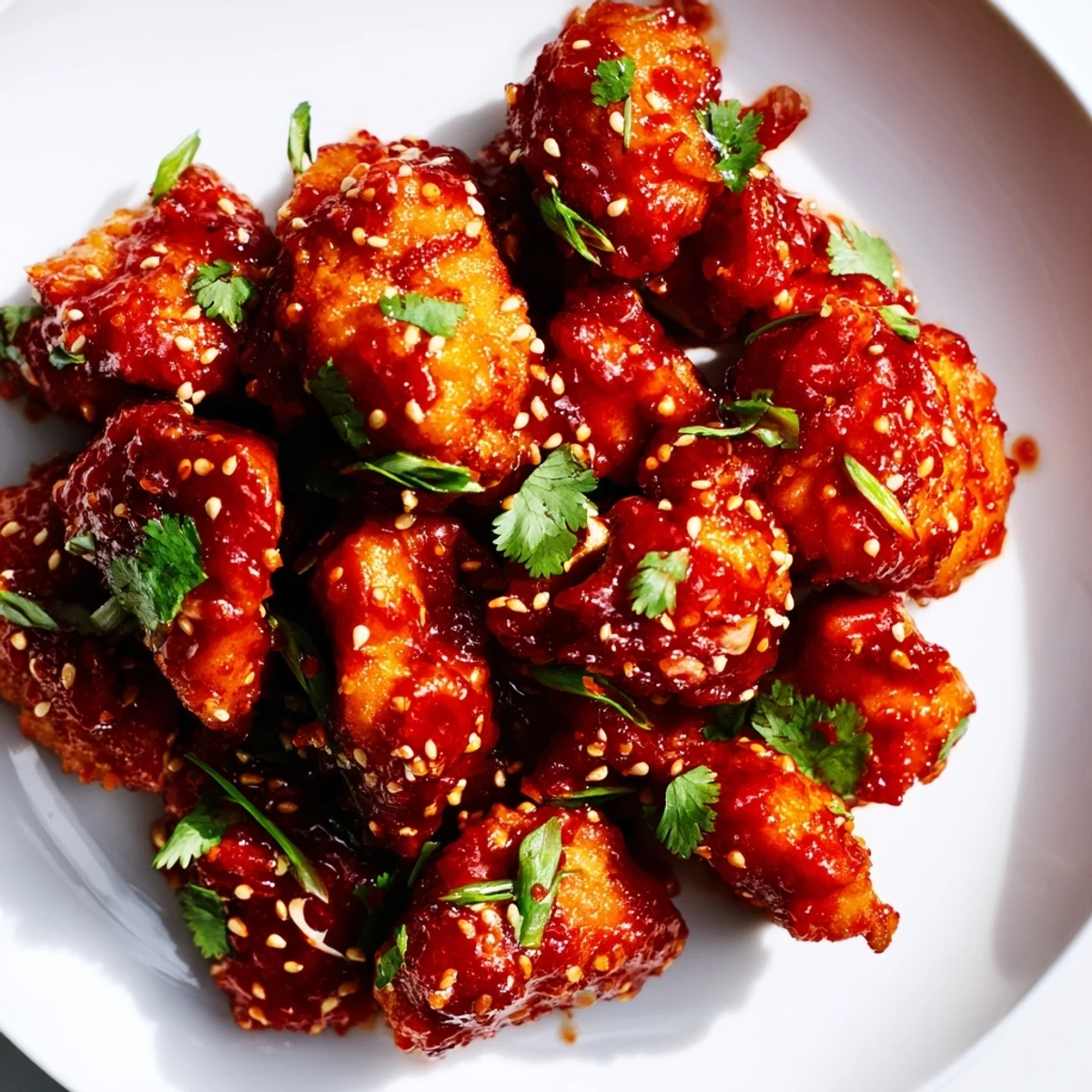 Close-up of glazed Sweet and Spicy Thai Chicken in a skillet, showing tender chunks coated in a glossy red-orange sauce.