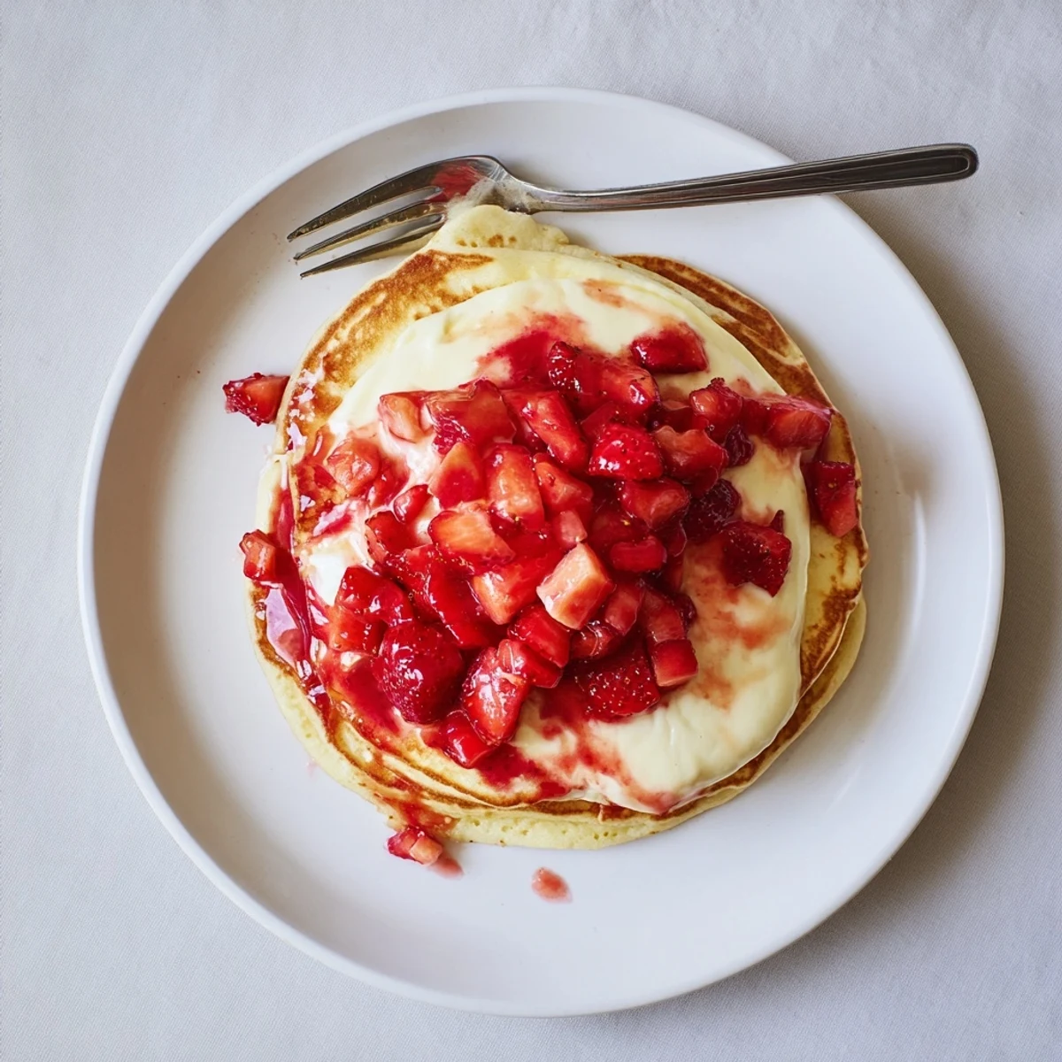 Golden Fluffy Strawberry Cheesecake Pancakes sizzle on a griddle while a cheesecake drizzle and diced strawberries wait nearby.