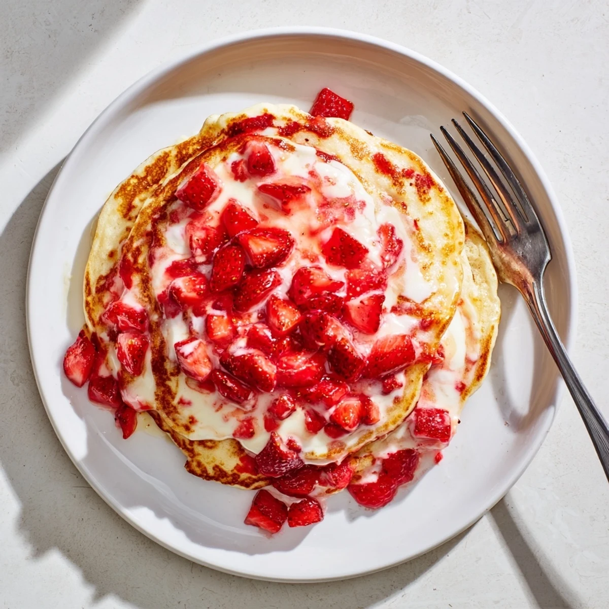 Light Fluffy Strawberry Cheesecake Pancakes topped with glazed strawberries and a dollop of whipped cream on a white plate.
