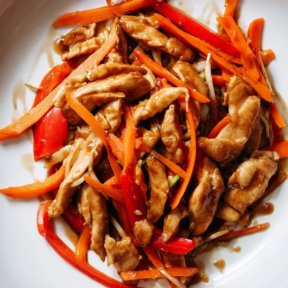 Golden-brown Peking Style Chicken pieces glisten in a hot wok with sliced red bell peppers and fresh bean sprouts.