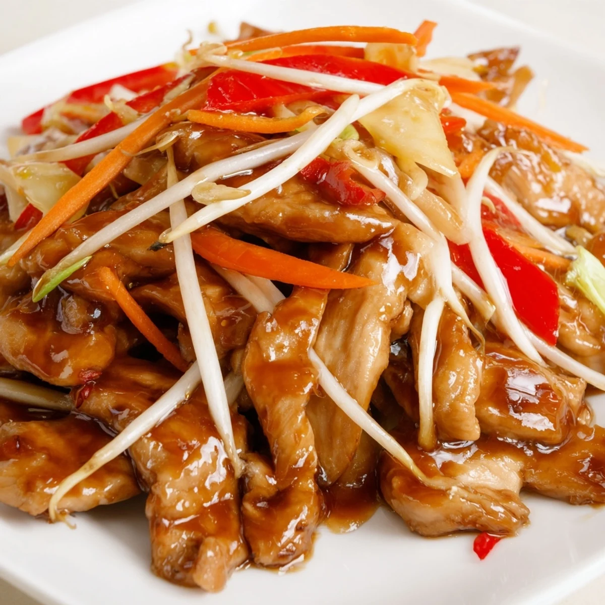 A close-up of tender Peking Style Chicken stir-fry, garnished with scallions and served alongside steamed jasmine rice.