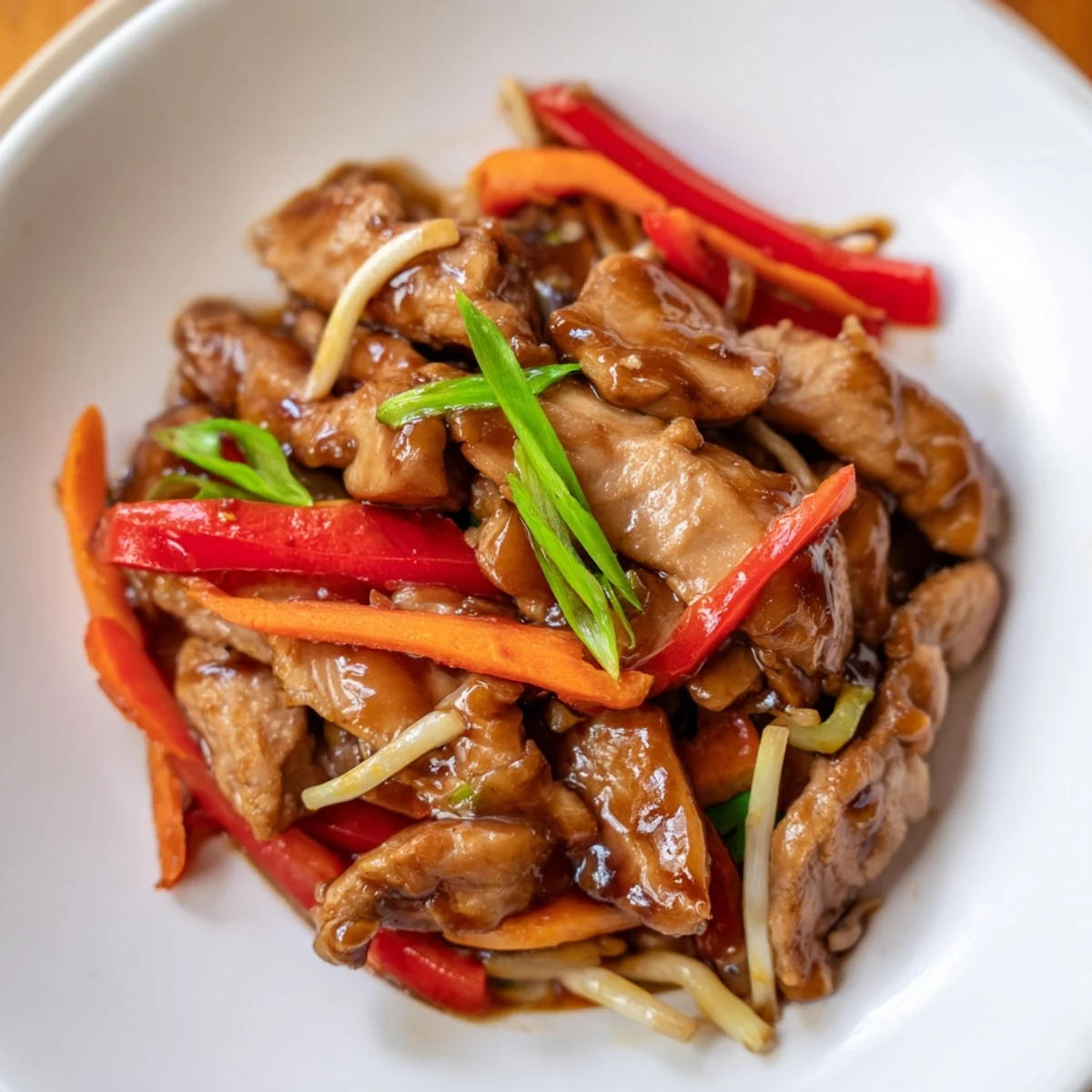 Juicy Peking Style Chicken with vibrant carrots and peppers in a savory-sweet sauce, ready to be scooped up.