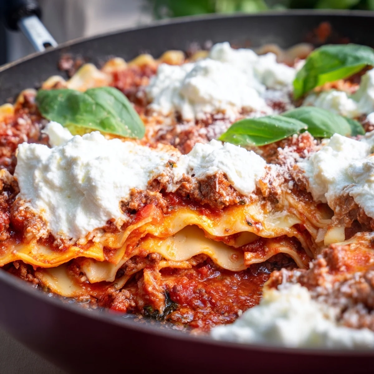 A close-up of skillet lasagna showing melted mozzarella and Parmesan on rich meat sauce with broken noodles, served in a cast-iron pan.