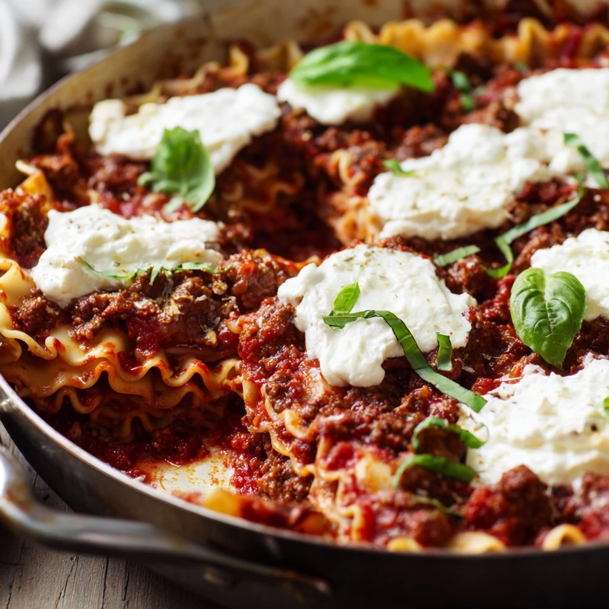 Skillet lasagna garnished with fresh basil, bubbling cheese topping and tender noodles in tomato sauce, portioned for four hearty servings.