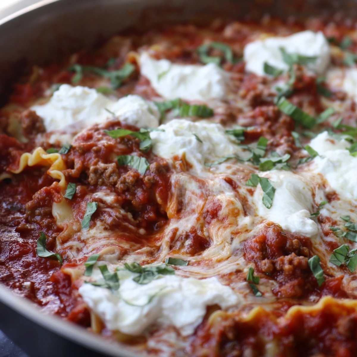 Steaming skillet lasagna in a deep pan, layers of pasta, ground beef sauce, and creamy ricotta ready for an easy weeknight dinner.