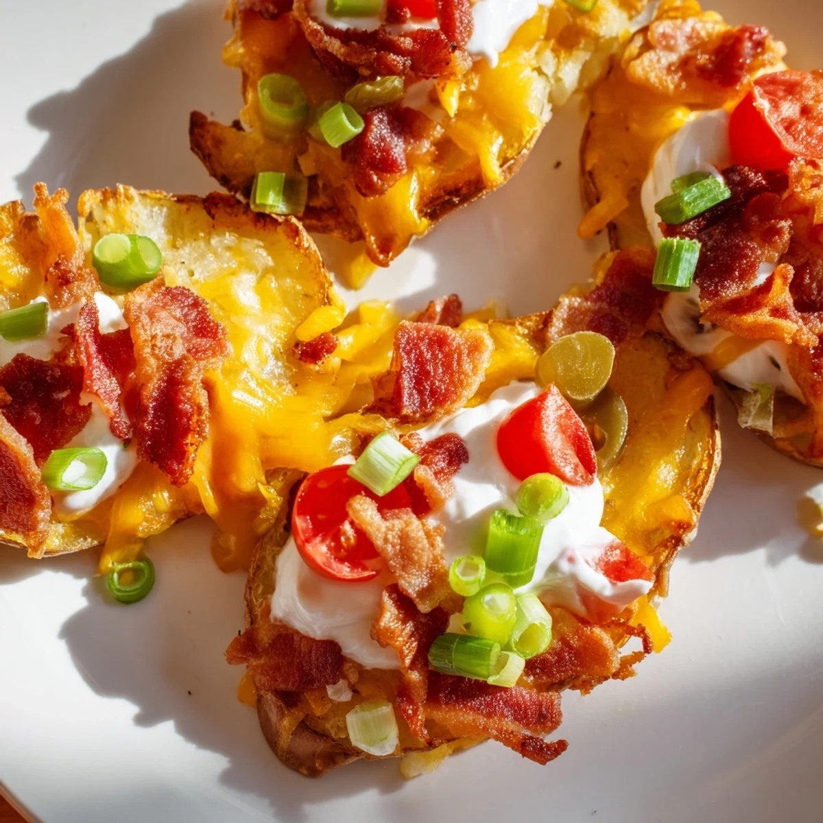 Crispy golden potato slices loaded with melted cheddar and crumbled bacon for Irish Nachos.