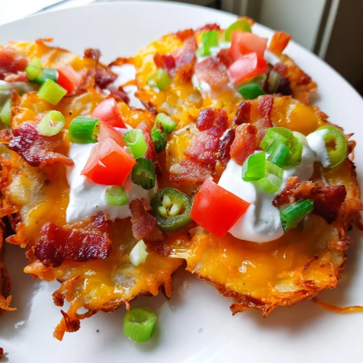 A close-up shows colorful toppings like sour cream and jalapeños on hot Irish Nachos.